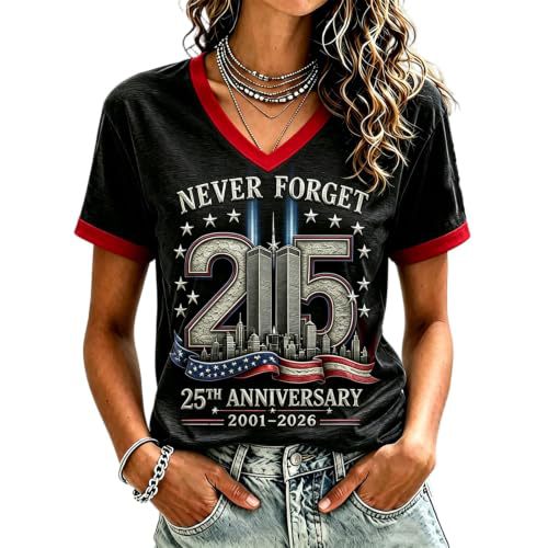Twin Towers Anniversary Print V-Neck Short Sleeve Women's T-Shirt