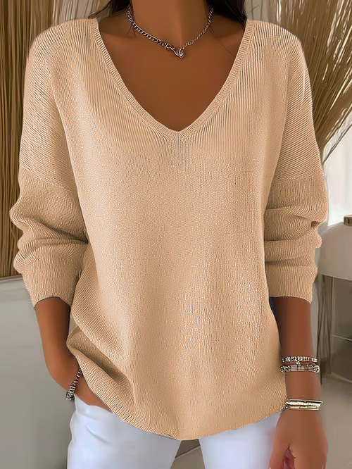 Women's Minimalist Solid V-Neck Long-Sleeve T-Shirt