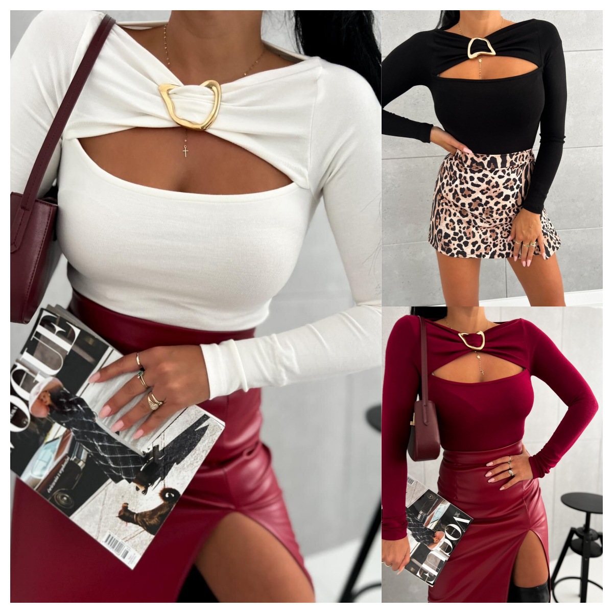 Women's Solid Slim Fit Long Sleeve V-Neck One-Shoulder Top