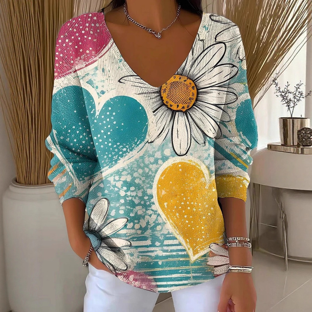 Women's V-Neck Long-Sleeve Floral Heart Strawberry Plaid Print T-Shirt