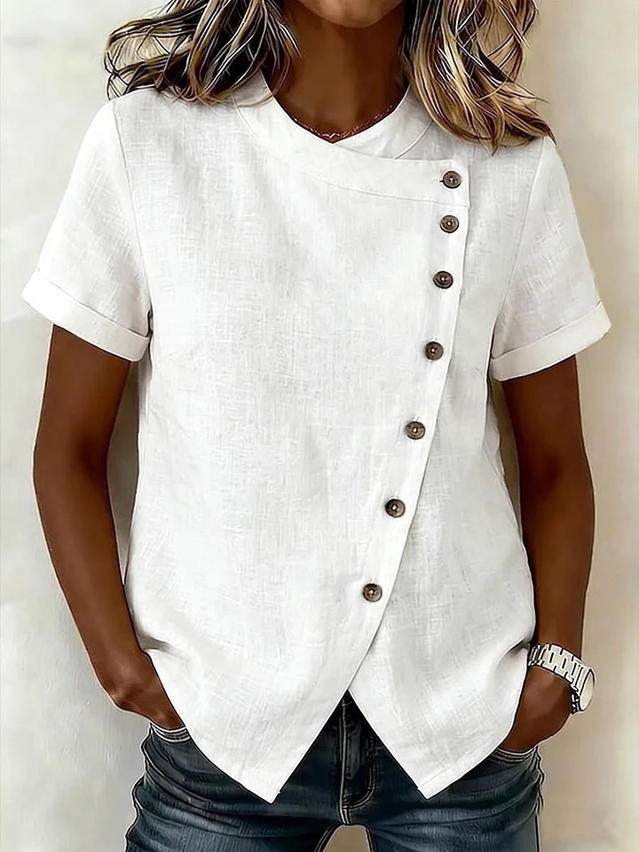 Stand Collar Asymmetric Button Cotton Linen Short Sleeve Shirt with Irregular Hem