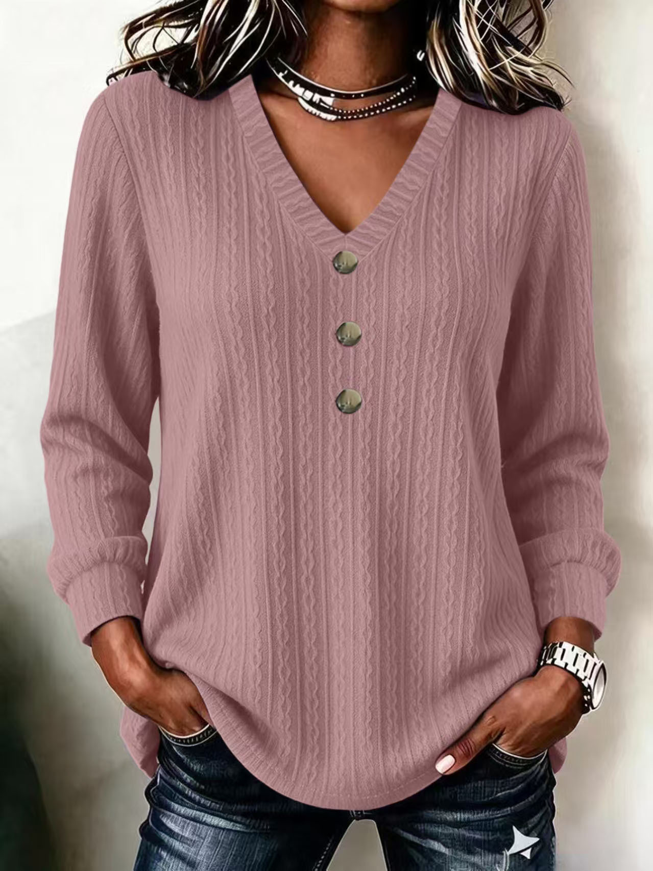 Cable Knit V-Neck Button Long Sleeve Sweater