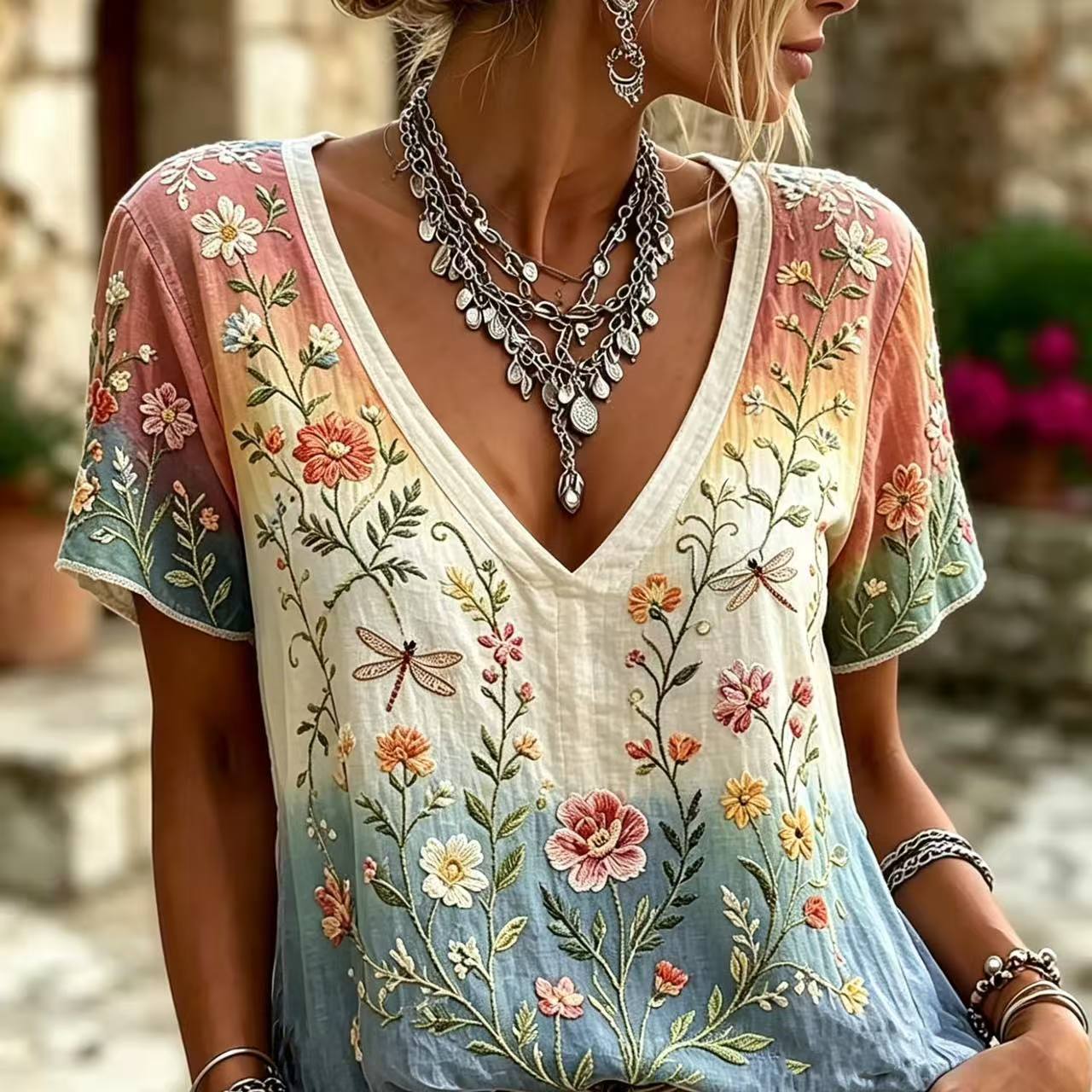 Floral Print V-Neck Short Sleeve Women's T-Shirt