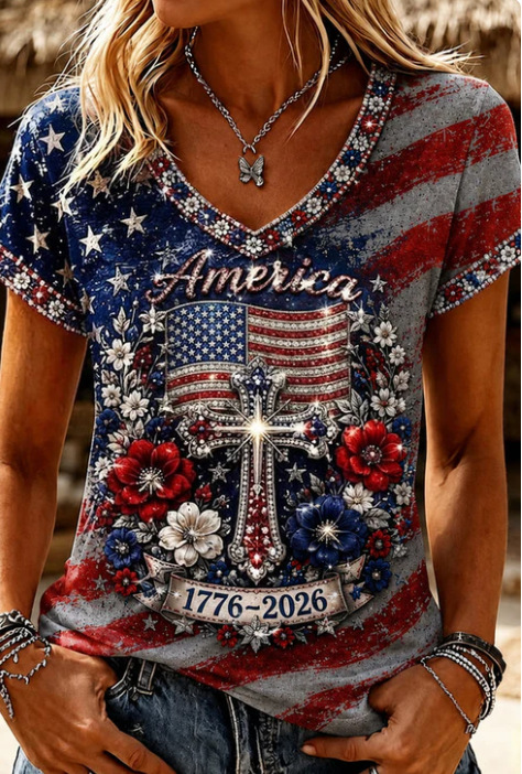 USA Flag 3D Print V-Neck Short Sleeve Women's T-Shirt