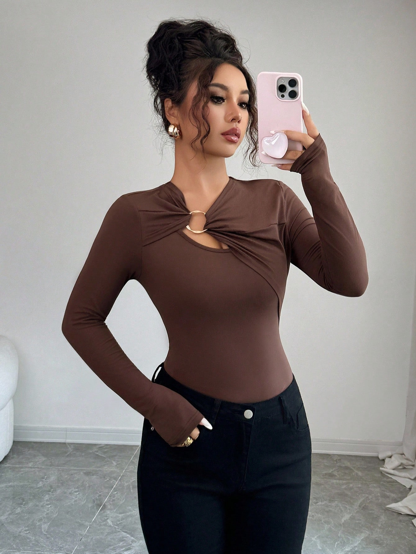 Asymmetric Cutout Metal-Trim Slim-Fit Long-Sleeve Top
