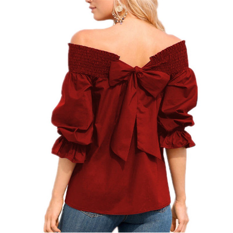 2023 Spring/Summer Women's Off-Shoulder Bow Tie T-Shirt for Amazon eBay Wish Cross-Border Europe and America