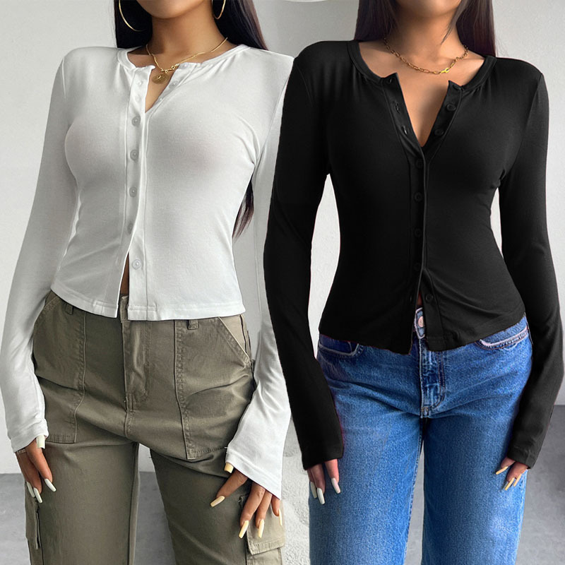 Women's Slim Fit Long Sleeve Button-Front V-Neck T-Shirt