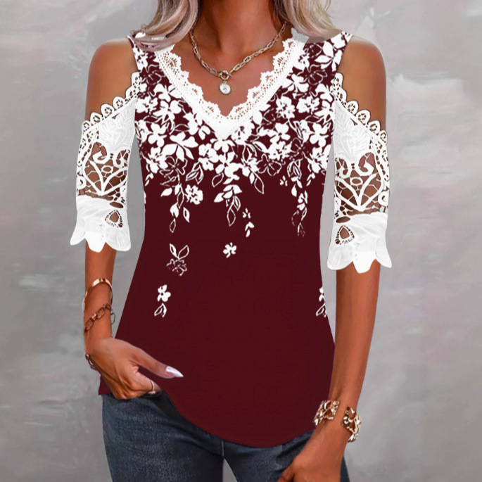 Elegant Lace Off-Shoulder Floral Print Short-Sleeve T-Shirt