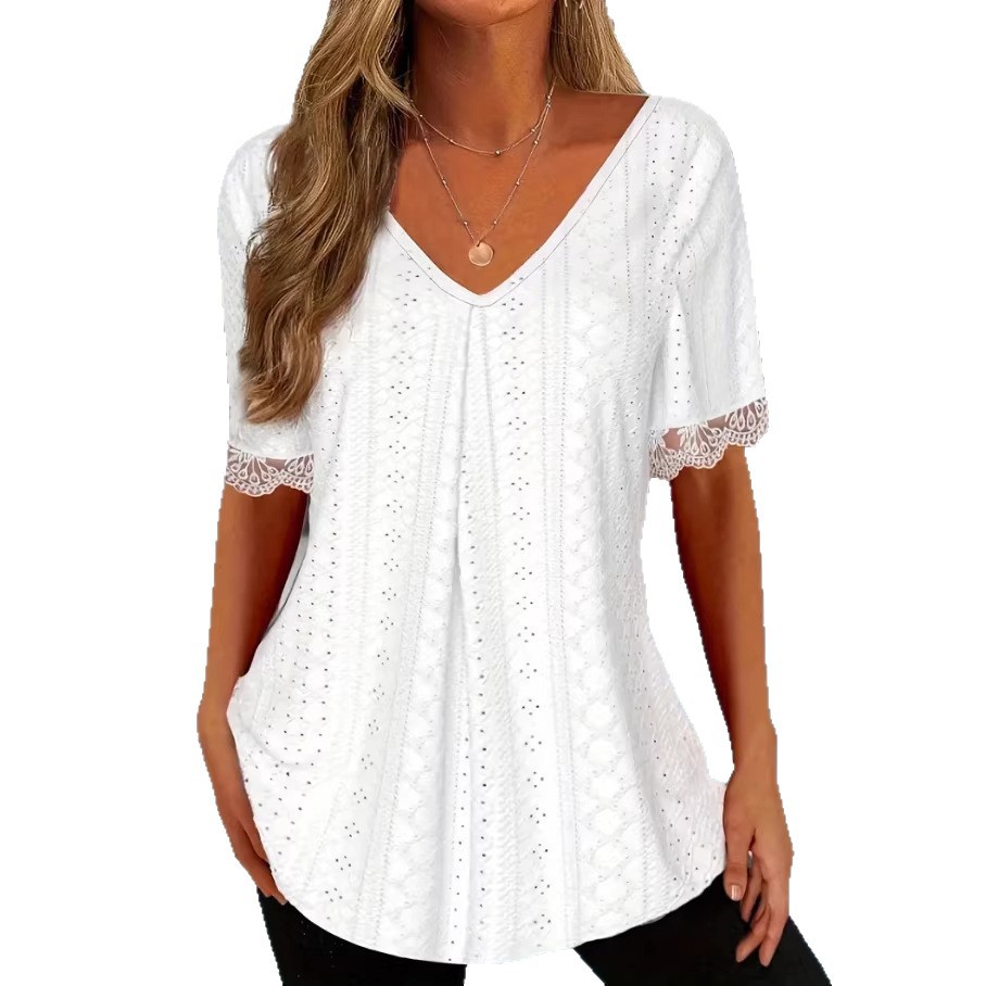 V-Neck Hollow-Out Lace Spliced Short-Sleeve Knit T-Shirt