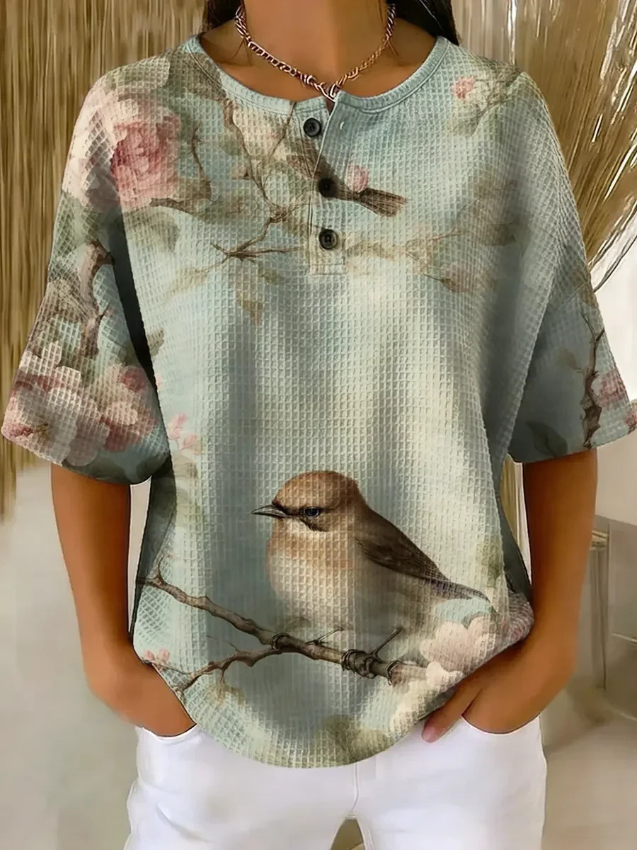 Floral Plaid Print Crewneck Short Sleeve Button Top