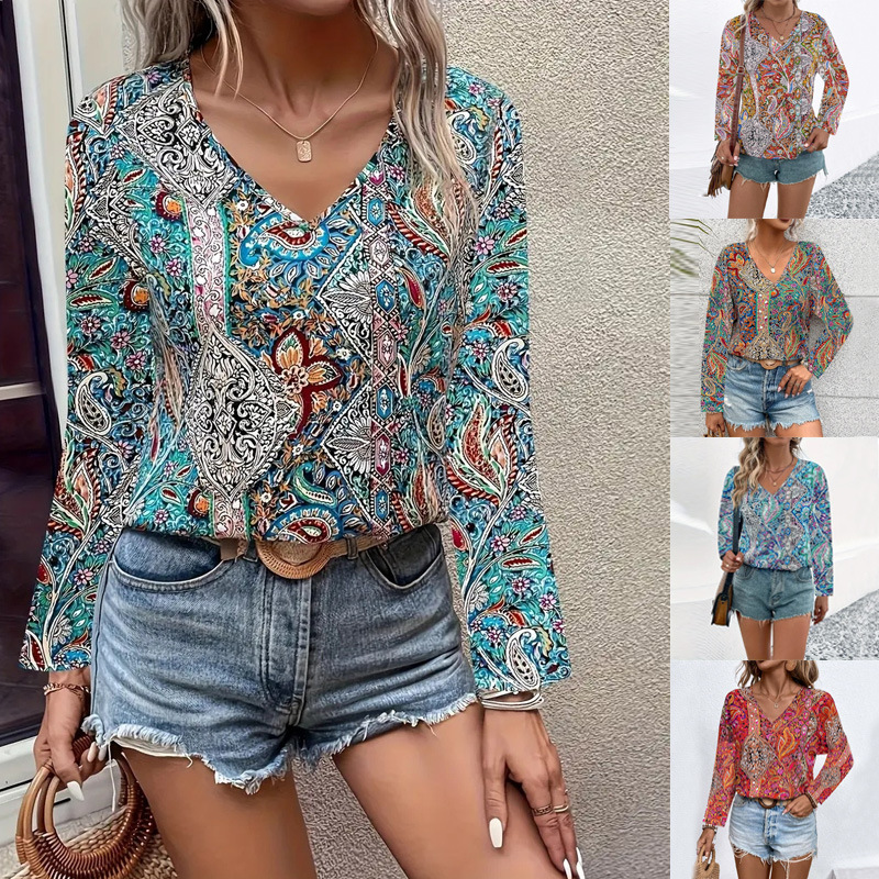 Paisley Print V-Neck Long Sleeve Blouse