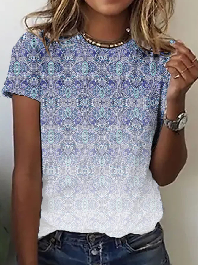 Women's Casual Crewneck Short Sleeve Digital Print T-Shirt