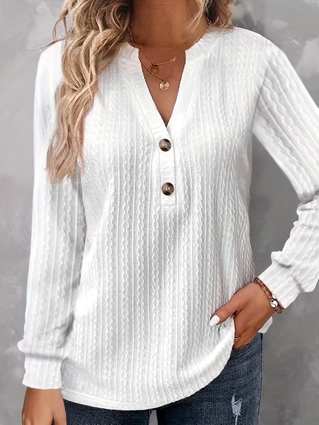 Women's Long Sleeve V-Neck Button T-Shirt Solid Color Top