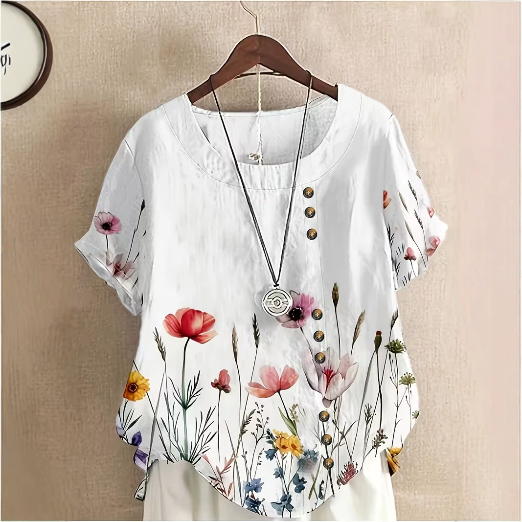 Women's Summer Novelty Print Crewneck Short Sleeve Button Top