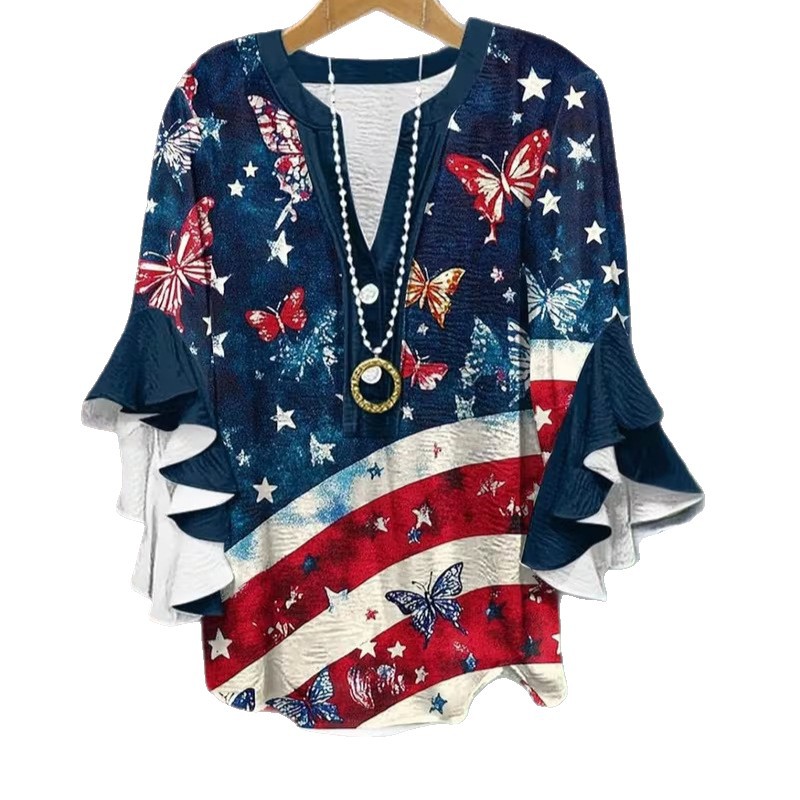 American Flag Print Rolled Sleeve Button Women's Top