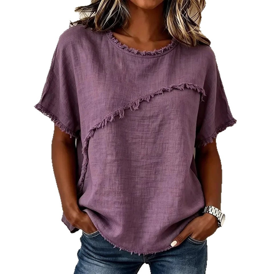 Women's Round Neck Loose Short Sleeve Paneled Top
