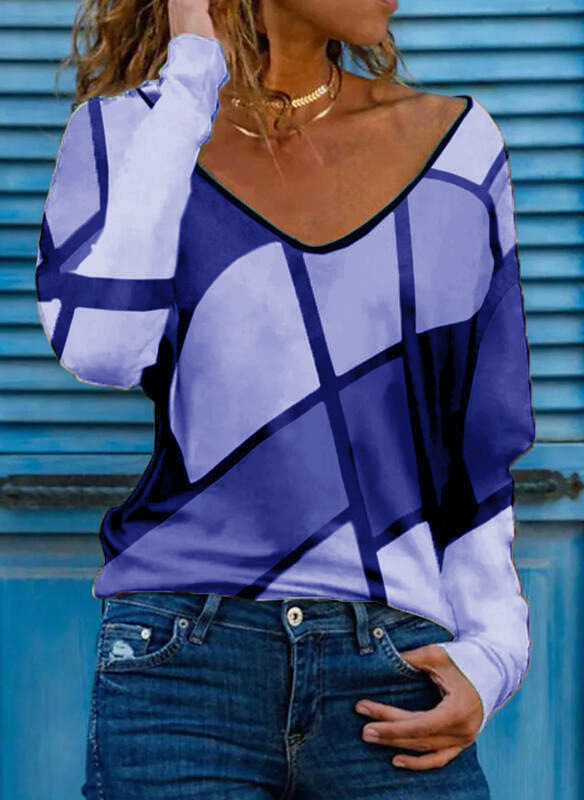 Geometric V-Neck Print Loose Pullover T-Shirt Women's Top
