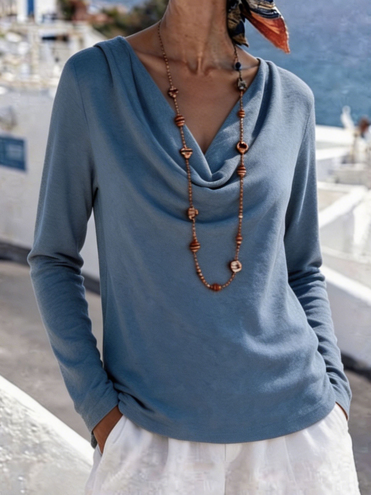 Women's Casual Loose Solid Color Cowl Neck Long Sleeve Pullover Top