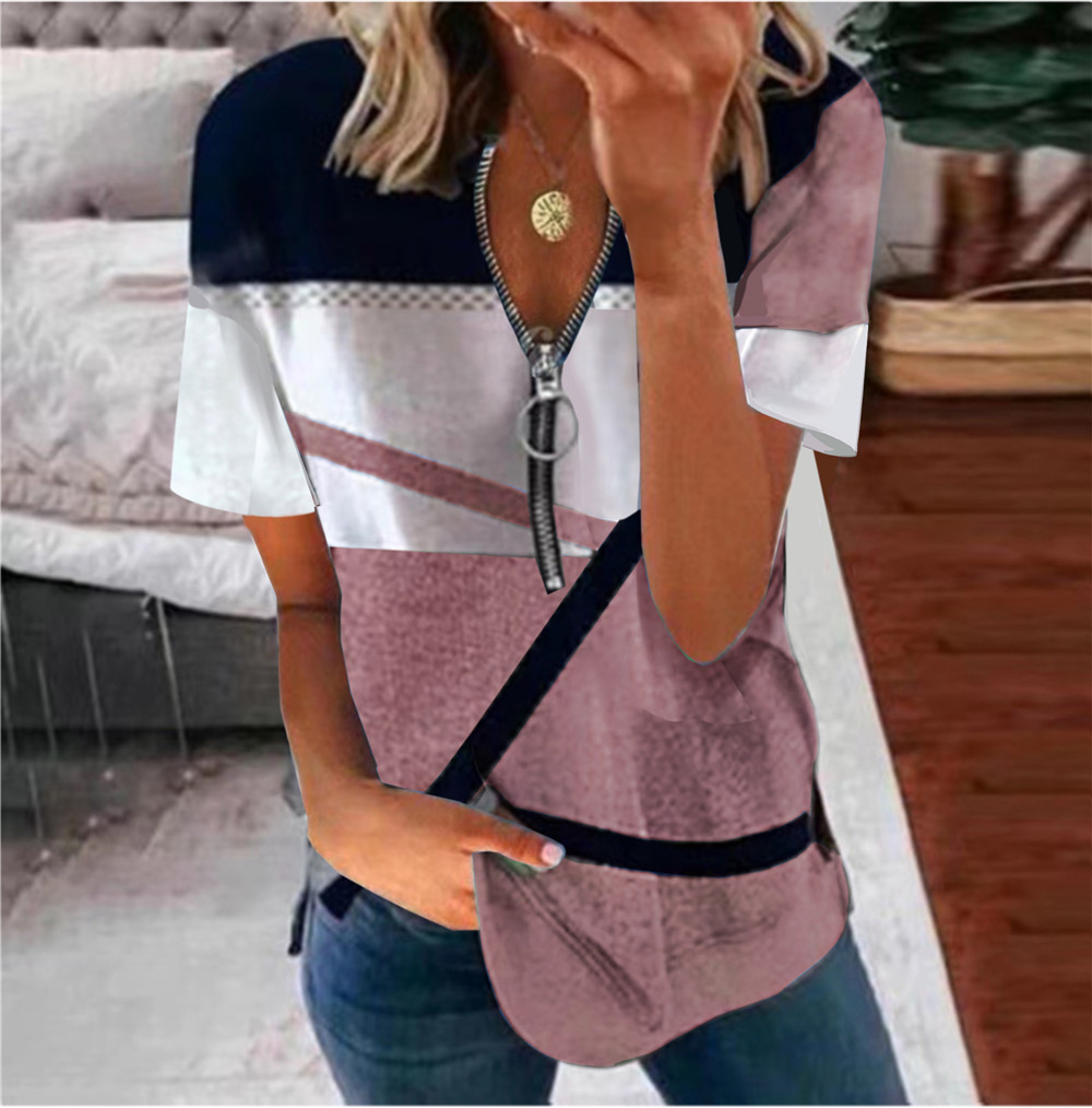 Women's Zip Print Loose Short Sleeve V-Neck T-Shirt