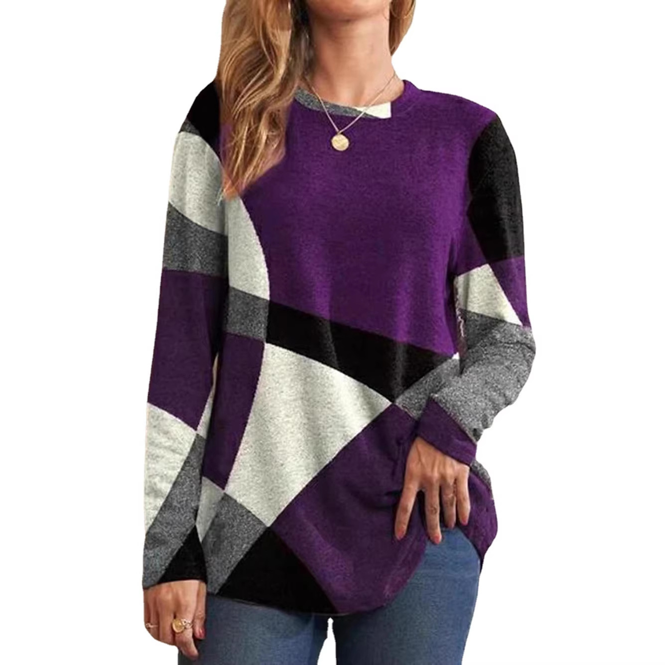 Women's Geometric Colorblock Long Sleeve Crewneck Loose Plus Size T-Shirt