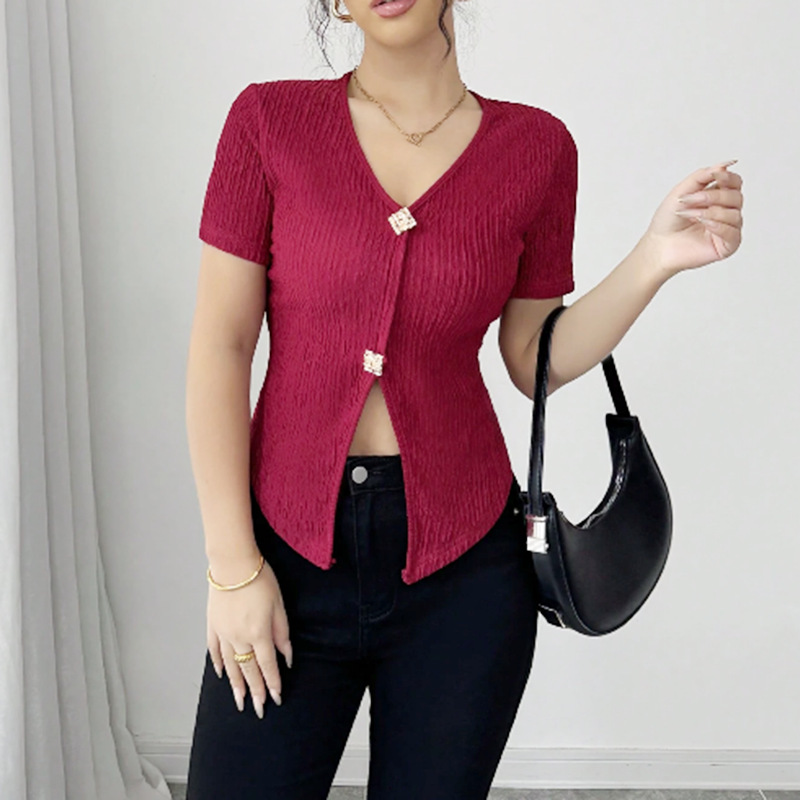 Women's Red V-Neck Short Sleeve Top with Metal Button Detail