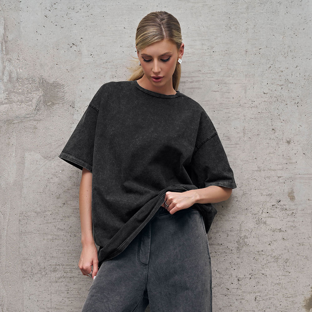 Washed Distressed Short Sleeve T-Shirt Relaxed Crewneck Cotton