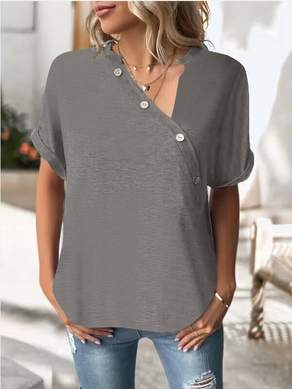 Women's Solid Twist Button Short Sleeve V-Neck Top