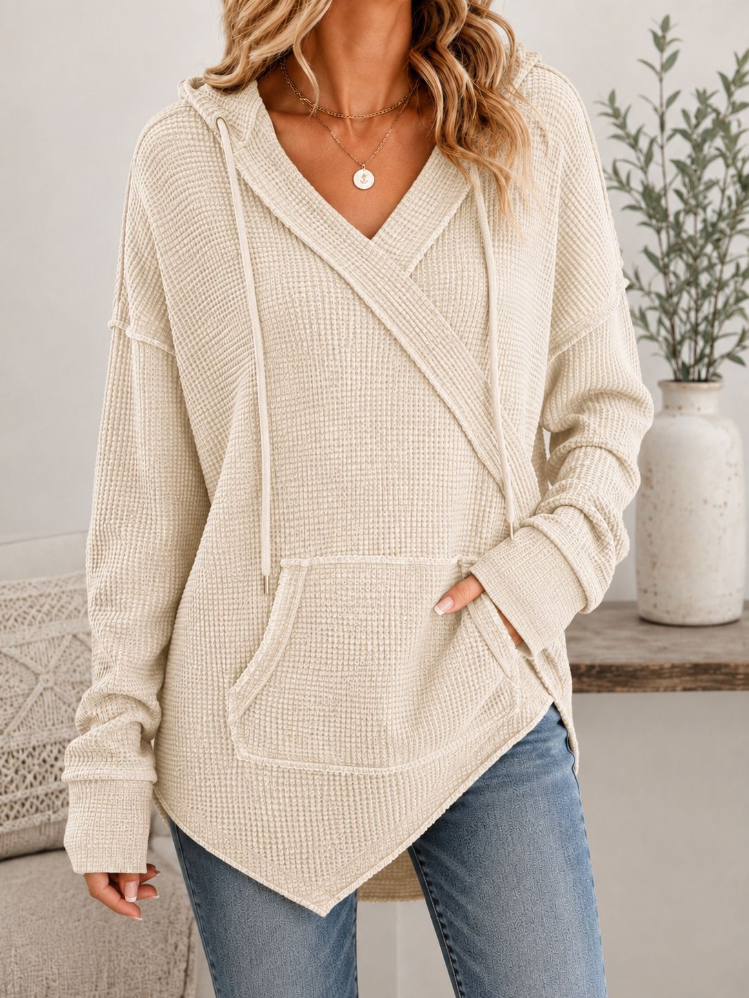 Waffle Knit Drawstring Hoodie Casual Pullover