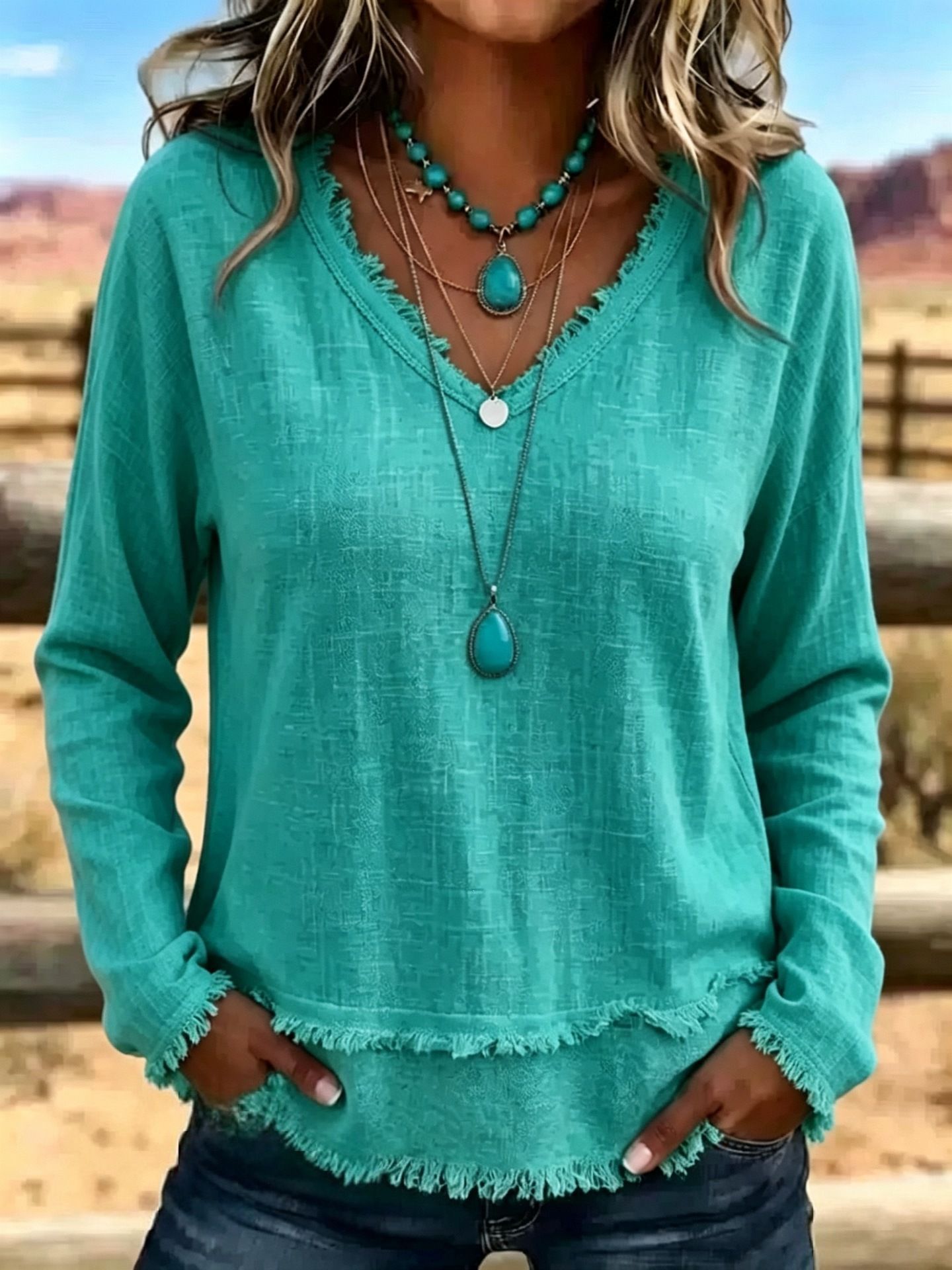 Women's Loose V-Neck Fringe Long-Sleeve T-Shirt Solid Casual Top