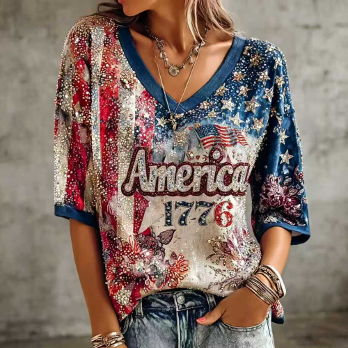 Women's American Flag Firework Print V-Neck Short Sleeve T-Shirt