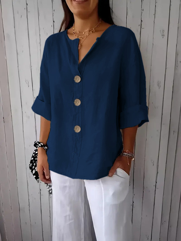 Women's Loose V-Neck Button Cotton-Blend T-Shirt
