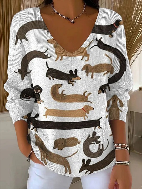 Women's V-Neck Long Sleeve T-Shirt with Animal & Plant Digital Print