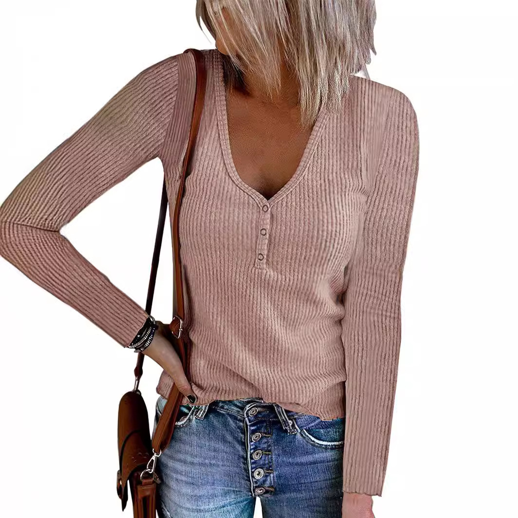 Women's V-Neck Button Long-Sleeve Solid Color T-Shirt