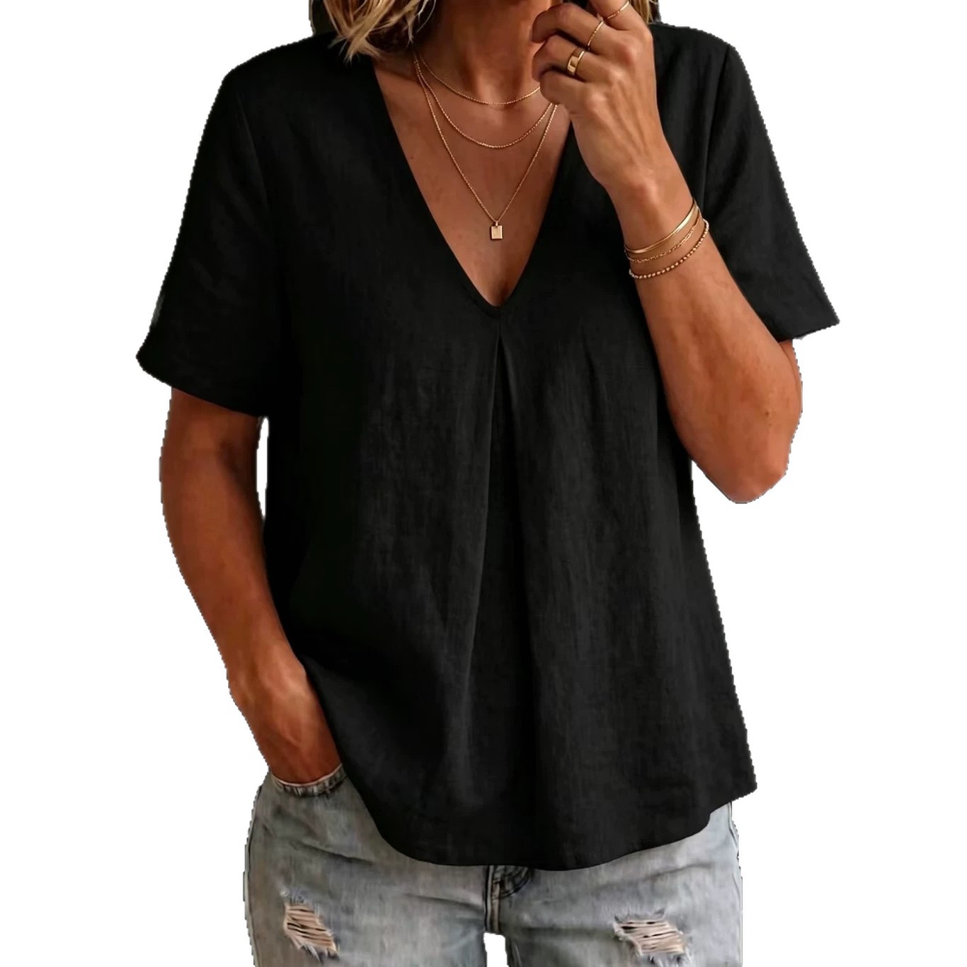Cotton-Linen V-Neck Short-Sleeve Loose Fit Top for Women