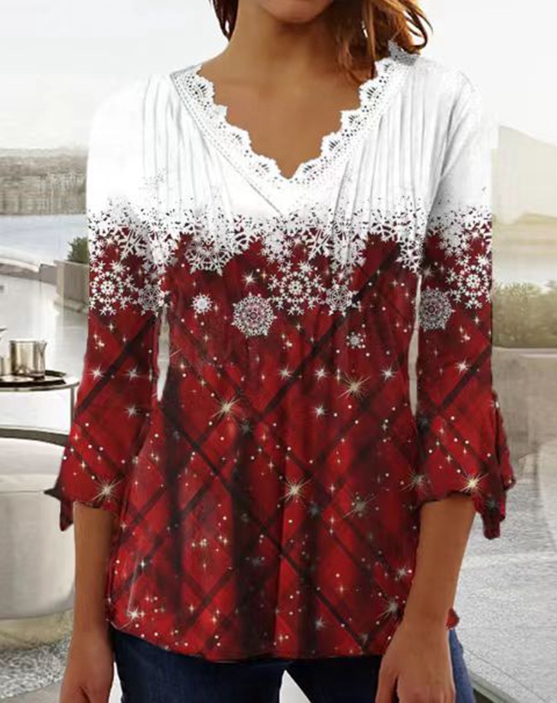 Snowflake Plaid V-Neck Long-Sleeve Top