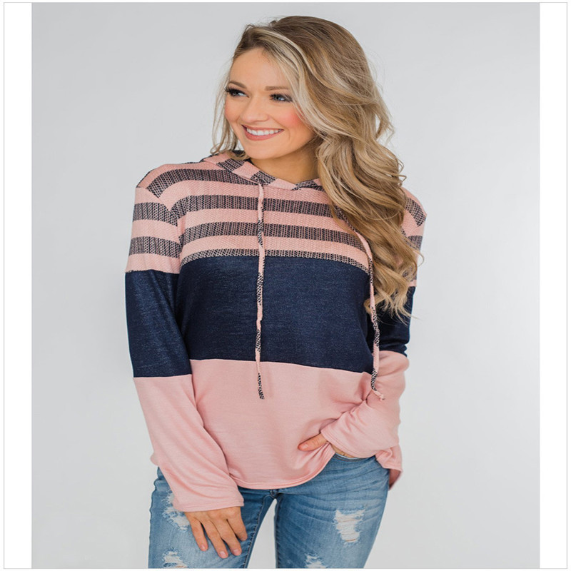 Women's Loose Color-Block Hooded Pullover Sweatshirt Long Sleeve