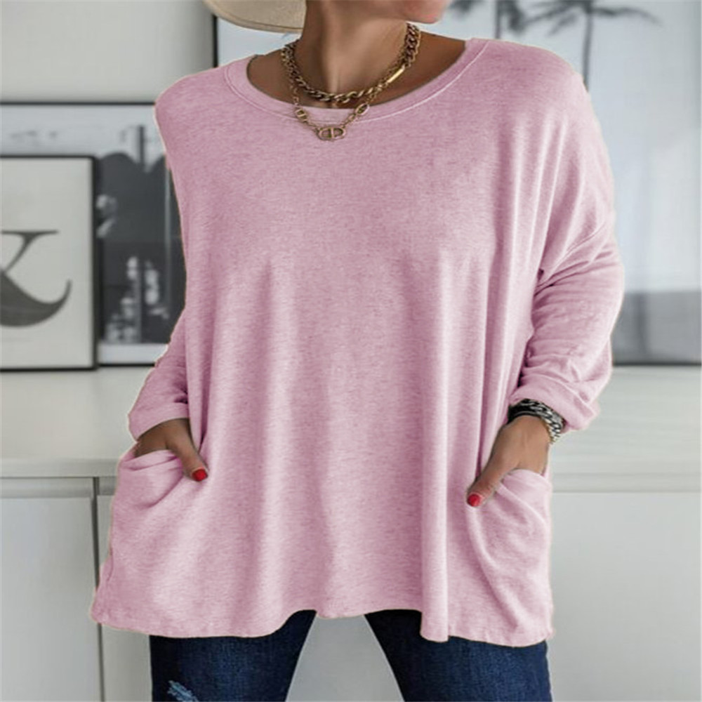Women's Loose Fit Crewneck Long Sleeve Solid T-Shirt with Pocket
