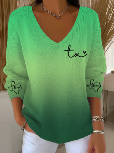 Women's Fruit Letter Valley Print V-Neck Long-Sleeve T-Shirt