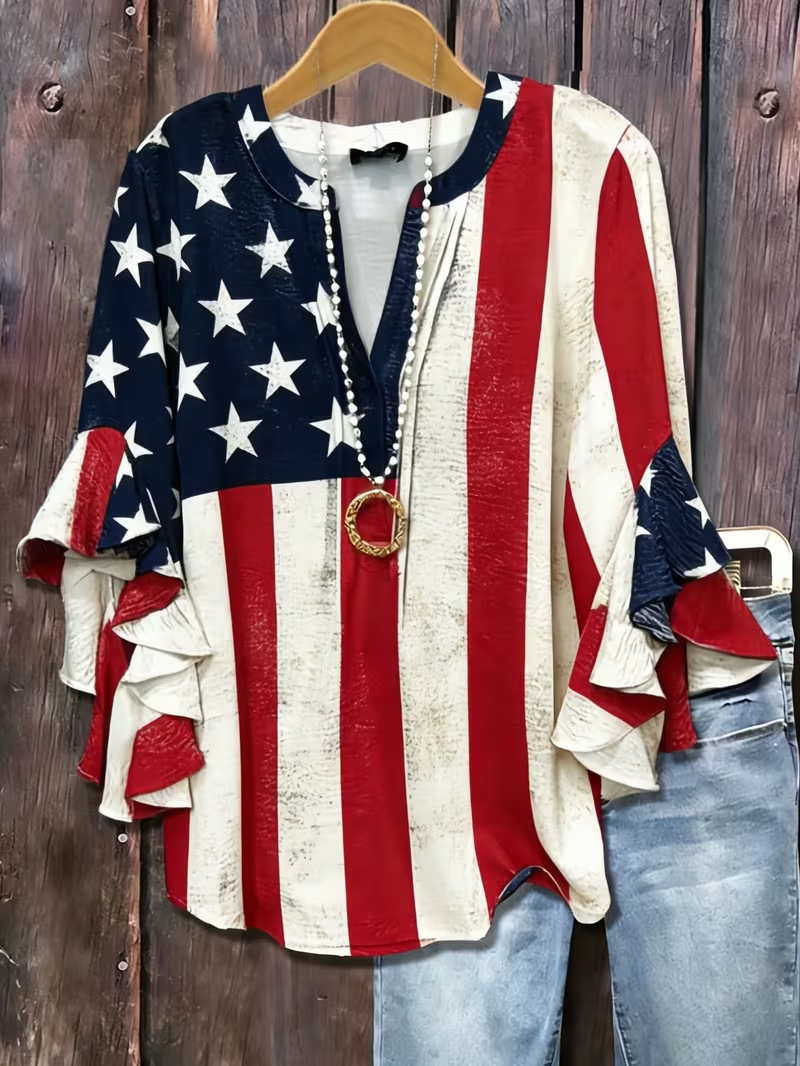 American Flag Print Rolled Sleeve Button Women's Top