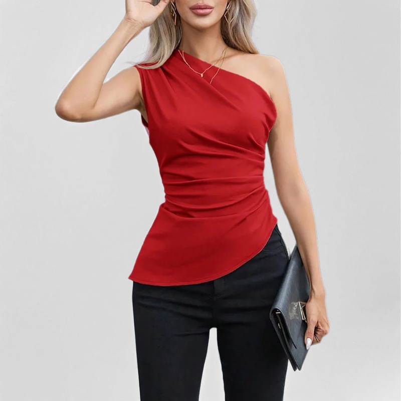 Solid One-Shoulder Asymmetric Sleeveless Top