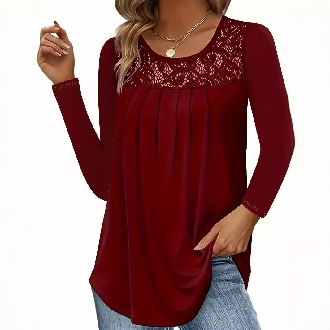 Women's Lace Neckline Print Long Sleeve Solid T-Shirt
