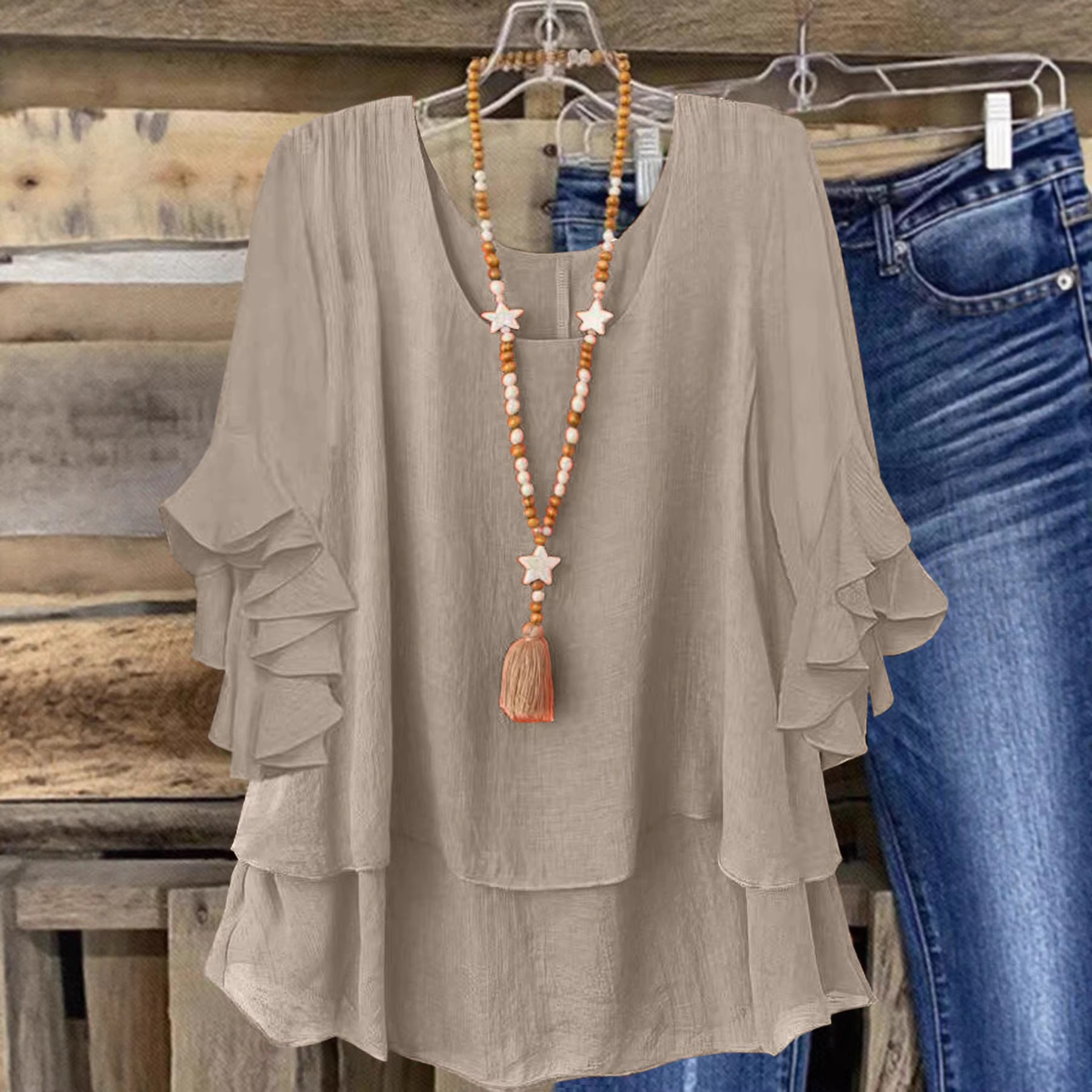 Women's Round Neck Flared Sleeve Loose Fit Casual Top