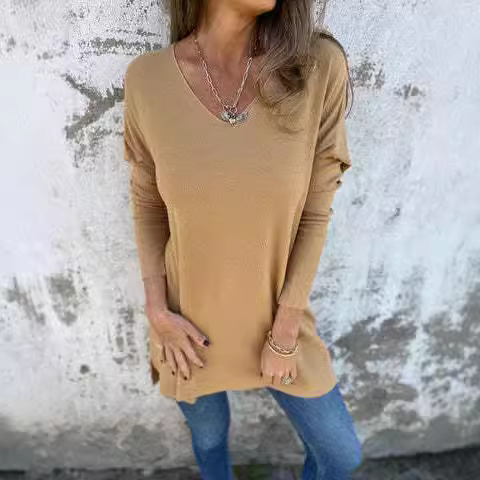 Women's Solid V-Neck Knit Sweater Loose Fit Long Sleeve Top
