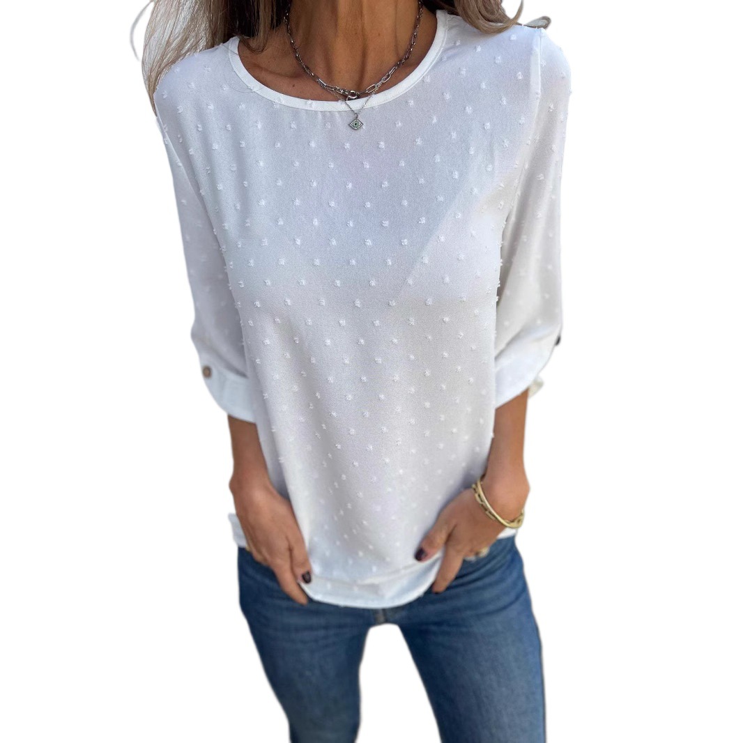 Women's Spring Autumn Round Neck Jacquard Chiffon Loose Fit Casual Top T-Shirt