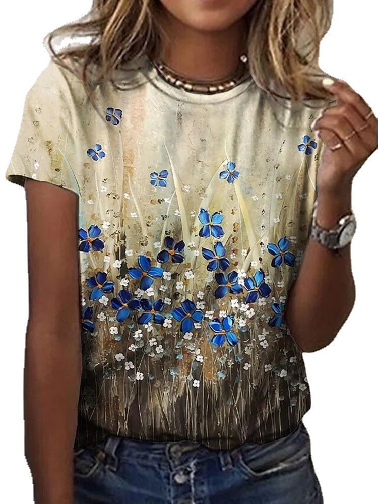 Women's Casual Round Neck Short Sleeve Digital Print T-Shirt