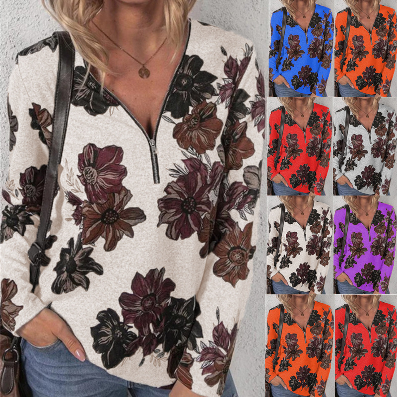 Women's Floral Print Zip Pullover Long Sleeve Loose T-Shirt Top