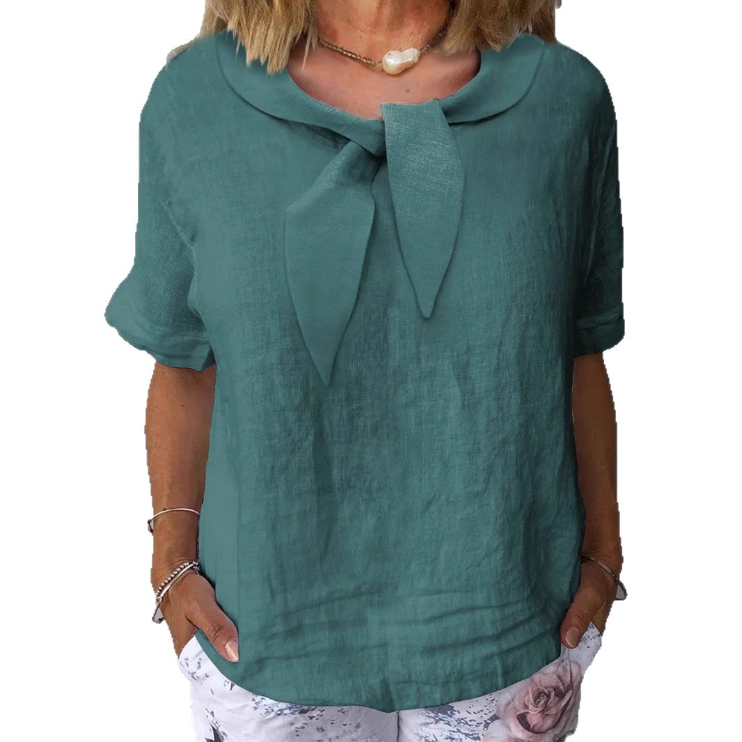 Women's Cotton-Linen Blend Short Sleeve V-Neck Solid Top