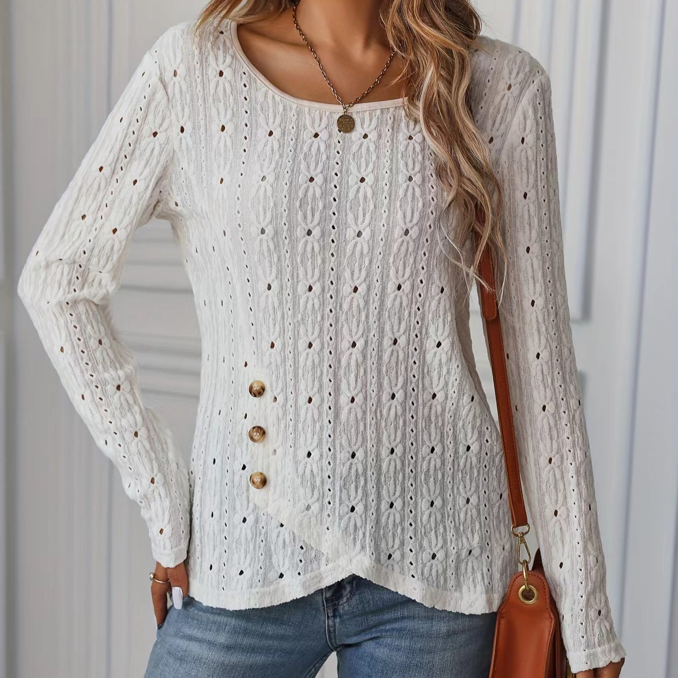 Women's Long-Sleeve Knit Jacquard Button Top