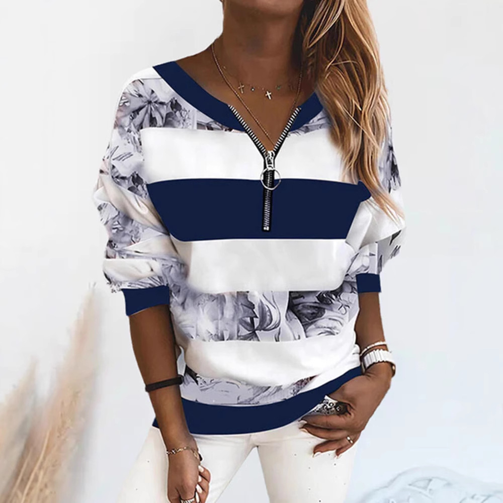 Women's Colorblock Print Zip V-Neck Long Sleeve Top