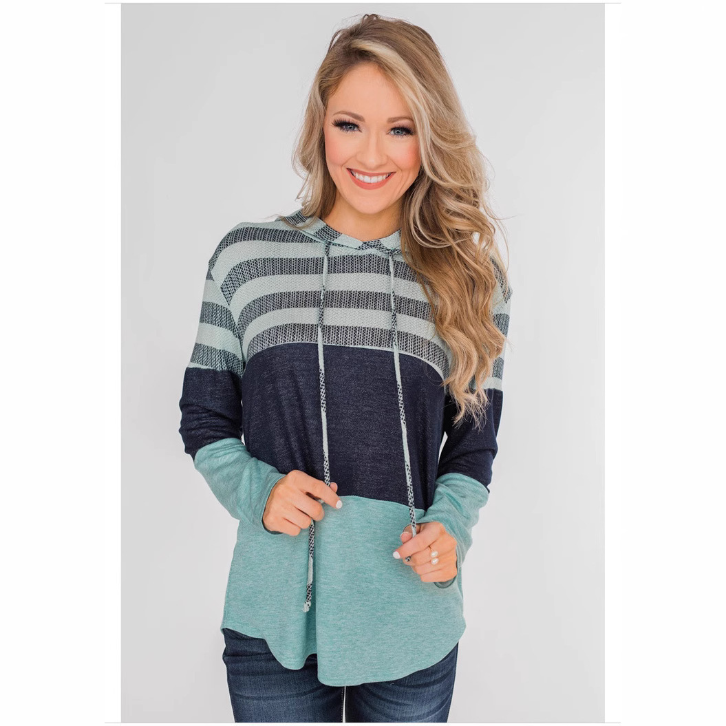 Women's Loose Color-Block Hooded Pullover Sweatshirt Long Sleeve